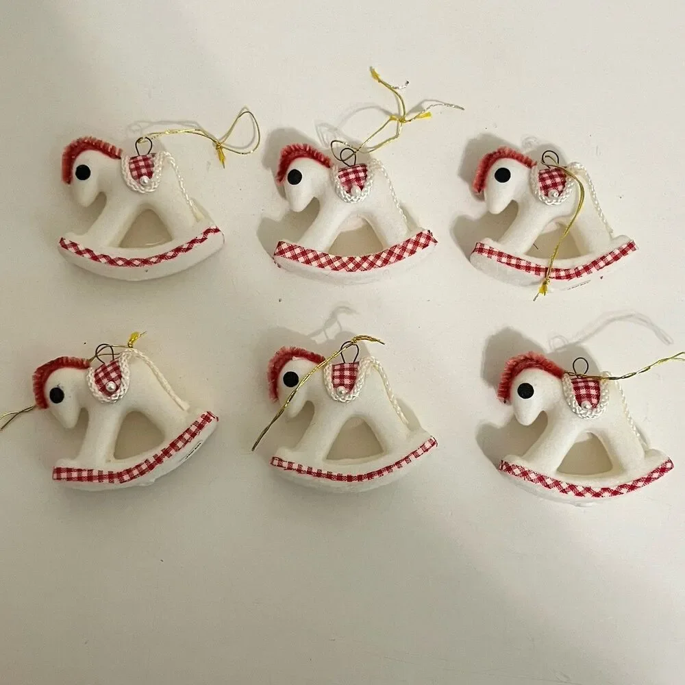 Vintage White Flocked Christmas Ornamants Japan Red Gingham Bear Mouse Elephant